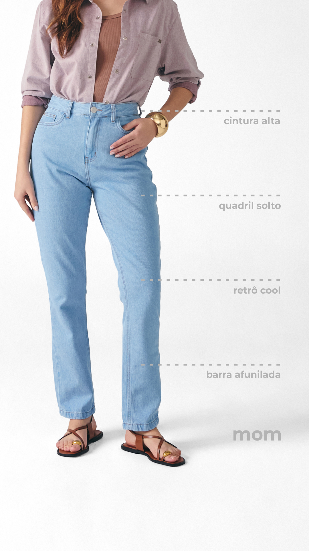 Calça mom: cintura alta, quadril solto, retrô cool, barra afunilada