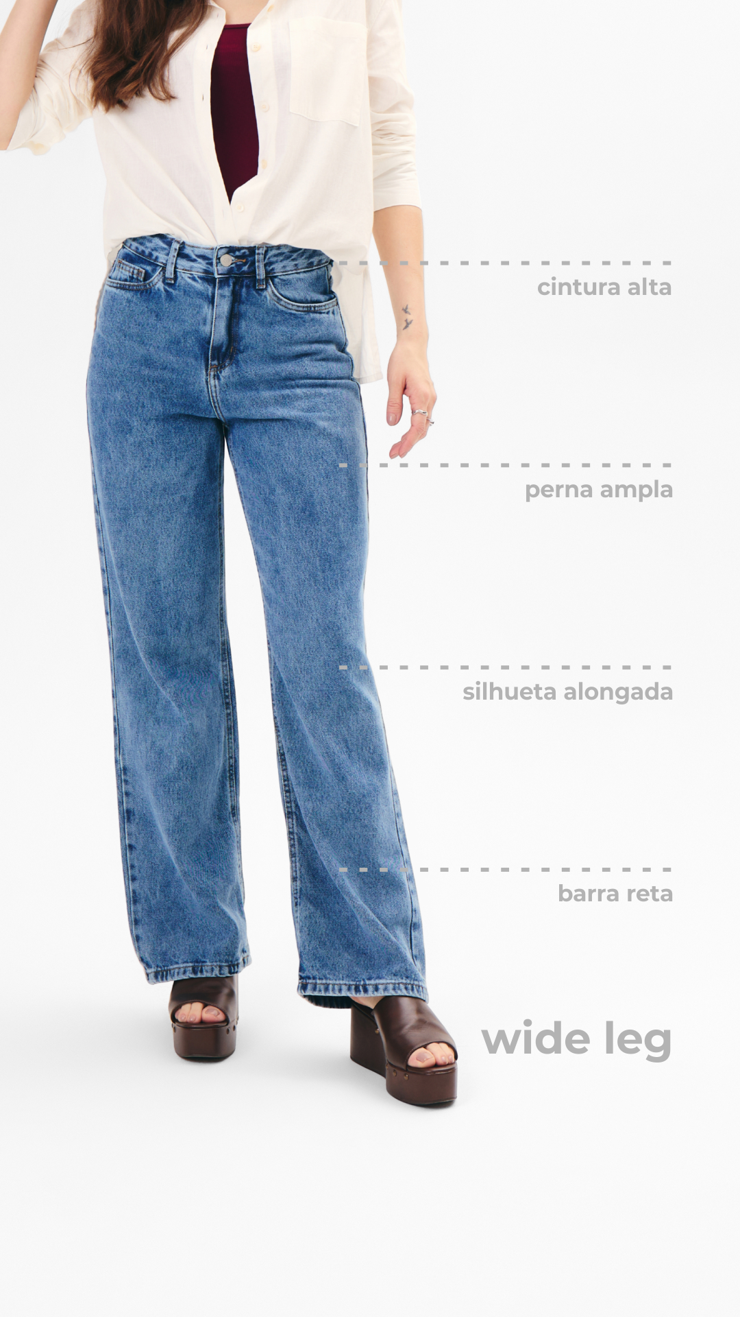 Calça wide leg: cintura alta, perna ampla, silhueta alongada, barra reta