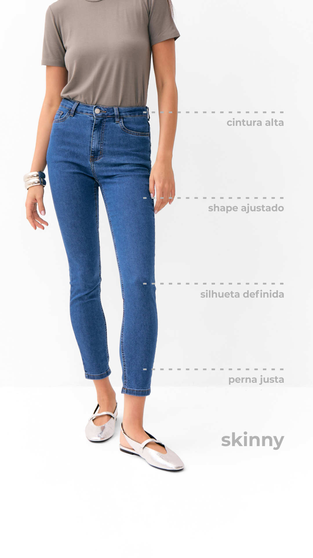Calça skinny: shape ajustado, silhueta definida, perna justa, tecido com elasticidade
