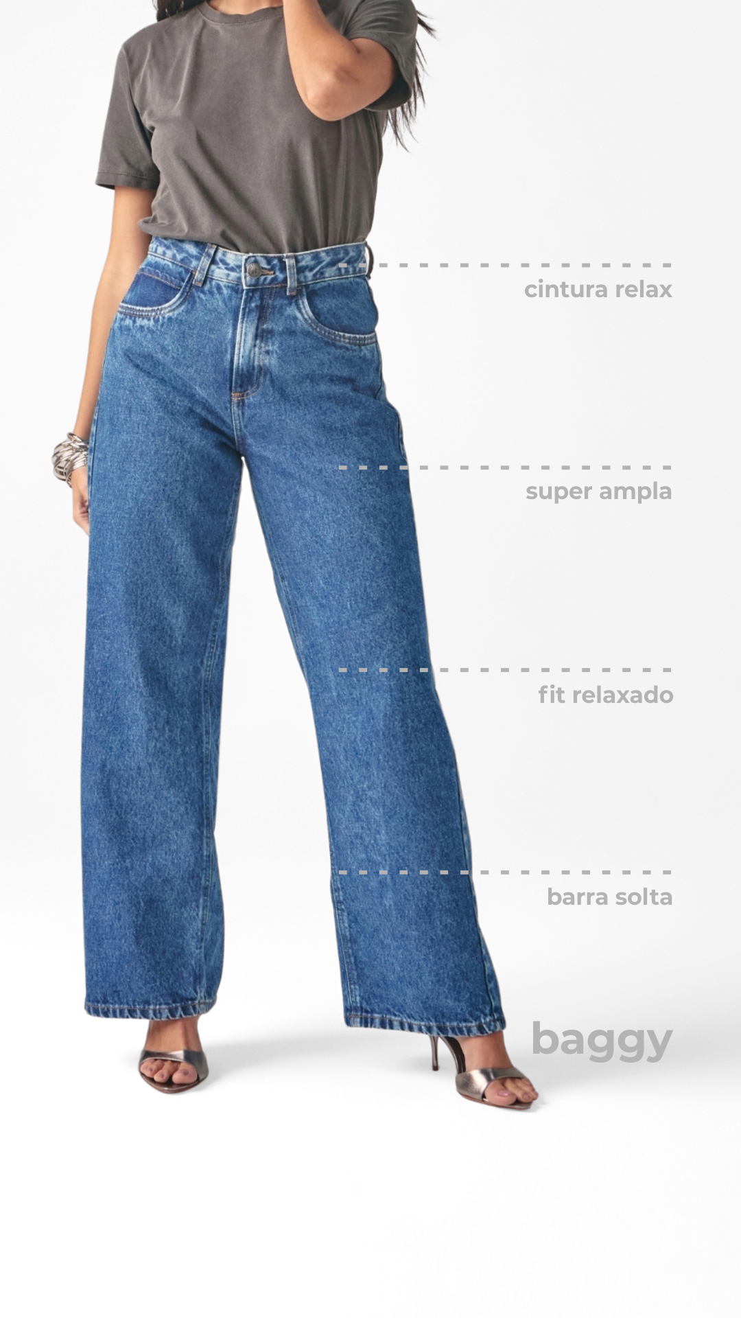 Calça Baggy: cintura alta, volume amplo, shape de impacto, tornozelo ajustado