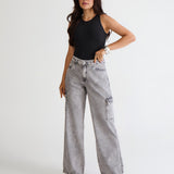 CALÇA WIDE LEG CARGO FEMININO CINZA