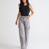 CALÇA WIDE LEG CARGO FEMININO CINZA