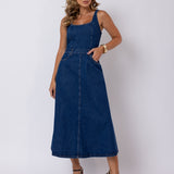 VESTIDO MIDI FEMININO DECOTE QUADRADO JEANS ESCURO