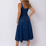 VESTIDO MIDI FEMININO DECOTE QUADRADO JEANS ESCURO