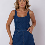 VESTIDO MIDI FEMININO DECOTE QUADRADO JEANS ESCURO