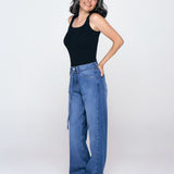 Calça Baggy Com Cinto - Jeans Escuro