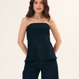 TOP PEPLUM SEM ALÇA FEMININO JEANS MÉDIO ROYAL