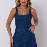Vestido Midi Feminino Jeans Decote Quadrado