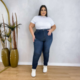 Calça Super Skinny Jeans Plus Size Cintura Alta Azul Médio