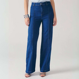 Calça Wide Leg Feminina Jeans com Nervura