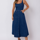 Vestido Midi Feminino Jeans Decote Quadrado