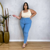 Calça Super Skinny Jeans Plus Size Cintura Alta Azul Claro
