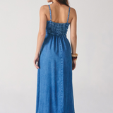 Vestido Jeans Midi Decote Reto Alça Fina