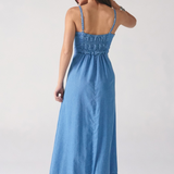 Vestido Jeans Midi Decote Reto Alça Fina