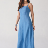 Vestido Jeans Midi Decote Reto Alça Fina