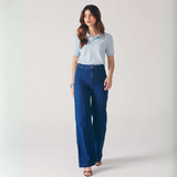 Calça Wide Leg Feminina Jeans com Nervura