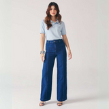 Calça Wide Leg Feminina Jeans com Nervura