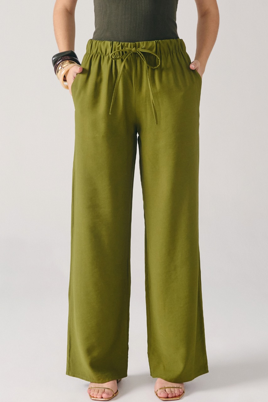 Calça Reta Cós Com Elástico e Bolsos Verde