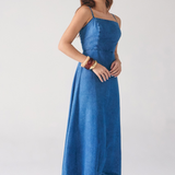 Vestido Jeans Midi Decote Reto Alça Fina