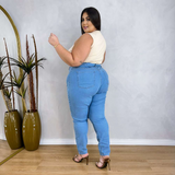 Calça Super Skinny Jeans Plus Size Cintura Alta Azul Claro